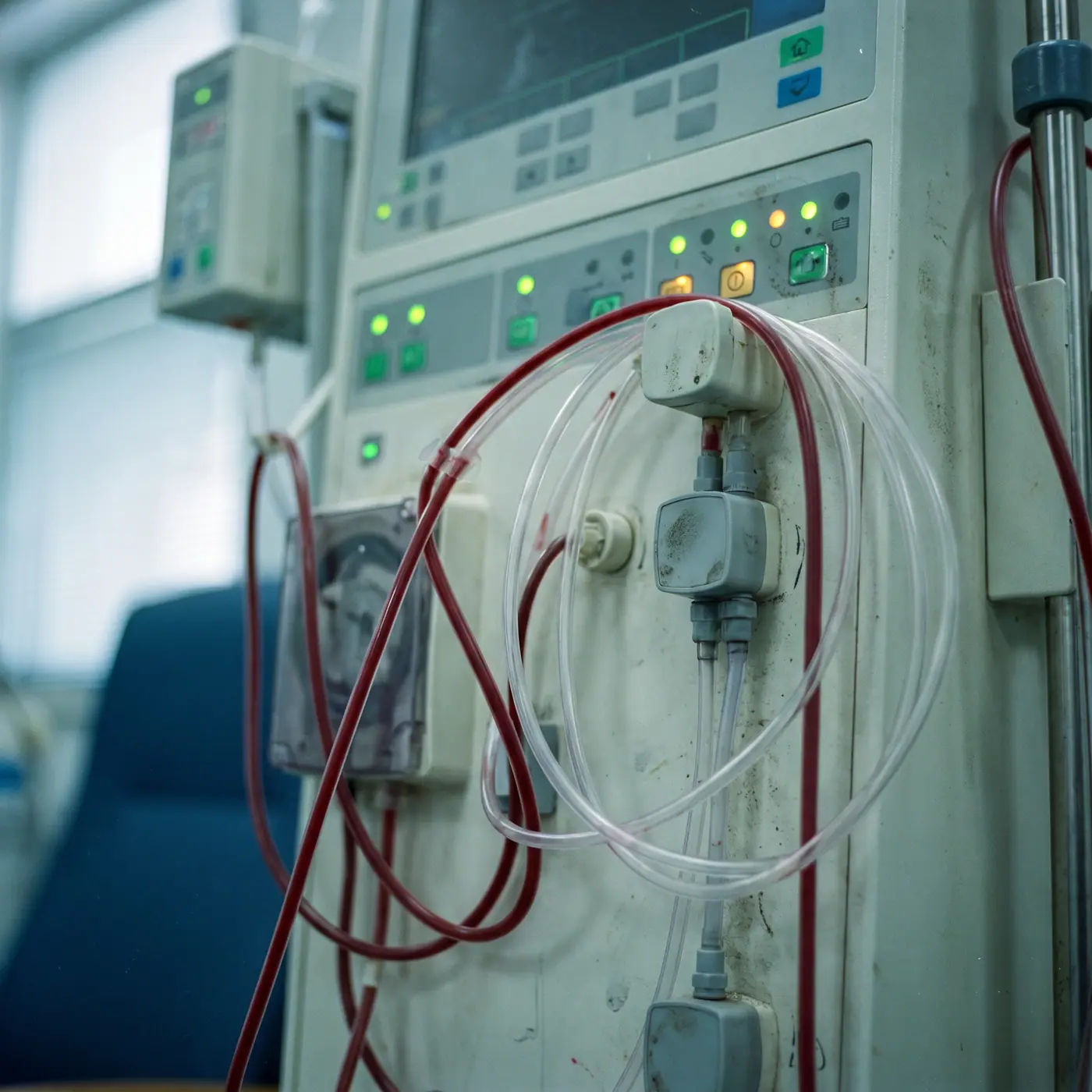 Detailed view of a dialysis machine's tubing, pressure sensors, and illuminated indicator