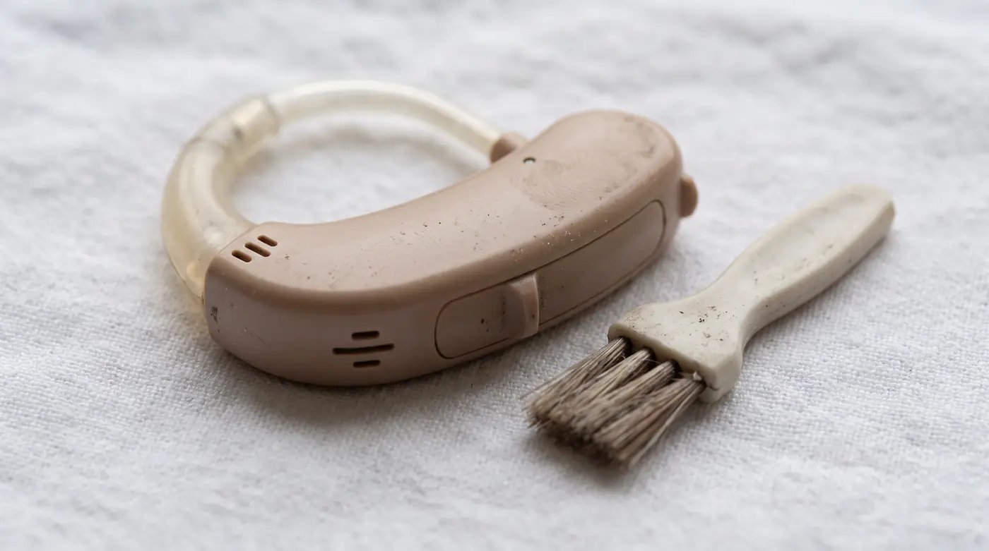 Extreme close-up of a behind-the-ear hearing aid and a small cleaning brush resting on a white