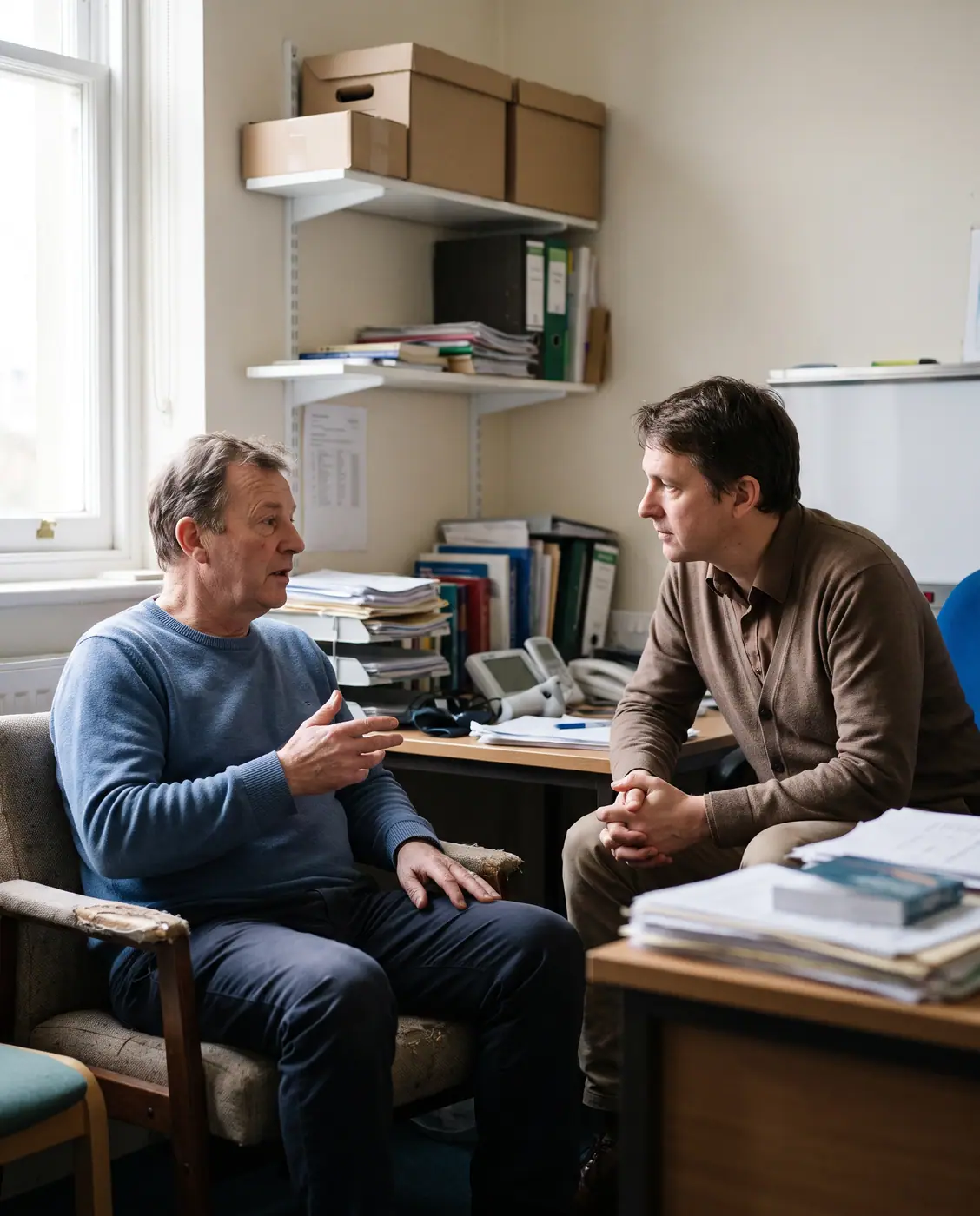 General practitioner leaning in and listening attentively to a patient during a consultation