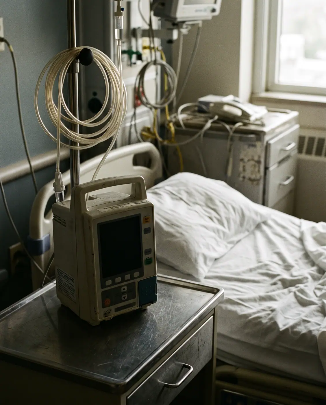 Infusion pump with neatly routed tubing on a hospital bedside, screen blank, ready for medical