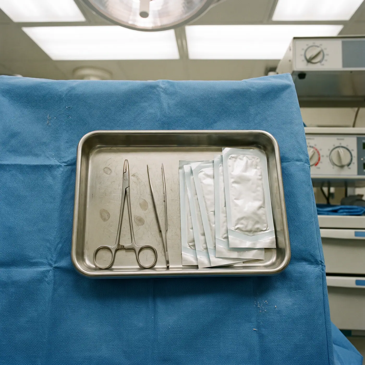 Sterile surgical instruments including needle holder, forceps, and suture packs arranged