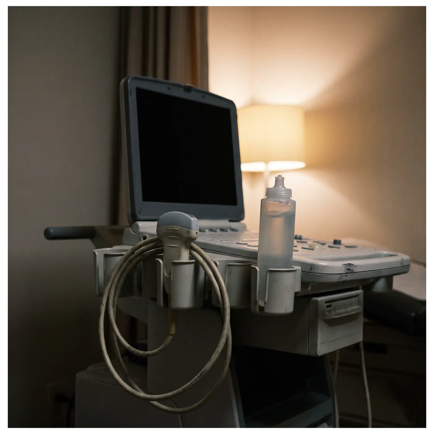 Close-up of an ultrasound probe resting in its holder next to a bottle of conductive gel in a