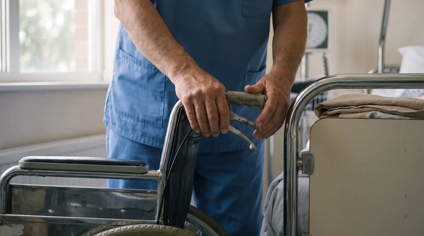 Close-up of a care worker's hands adjusting a wheelchair brake next to a hospital bed in a