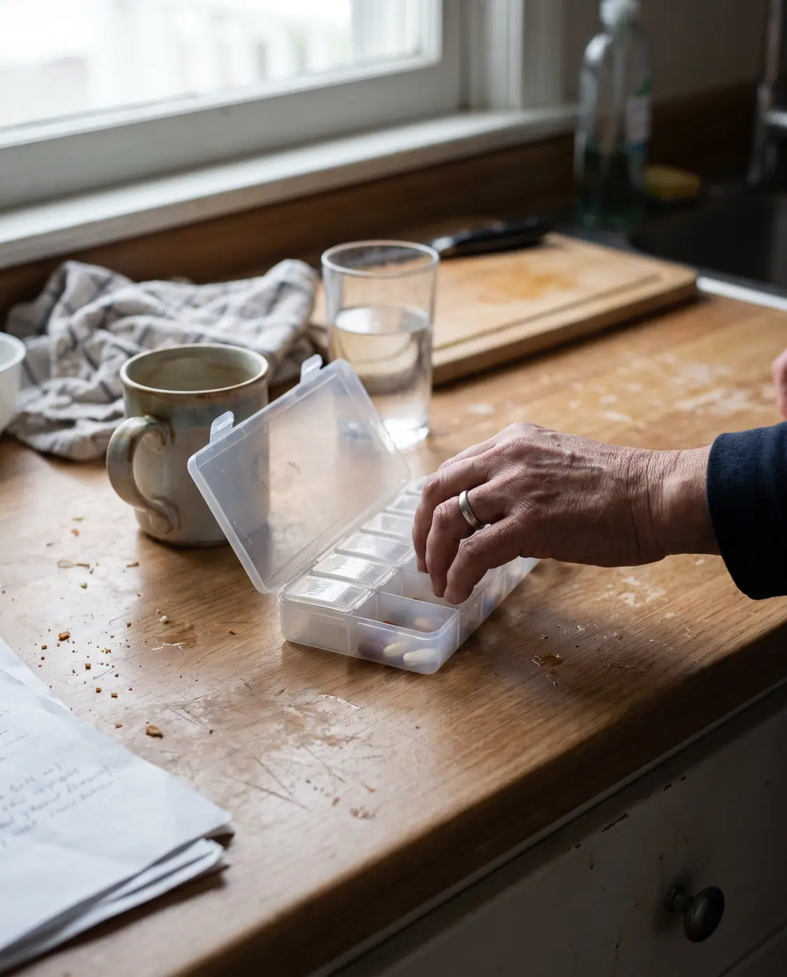 Hand reaching into a weekly pill organizer on a kitchen counter with a mug and water glass