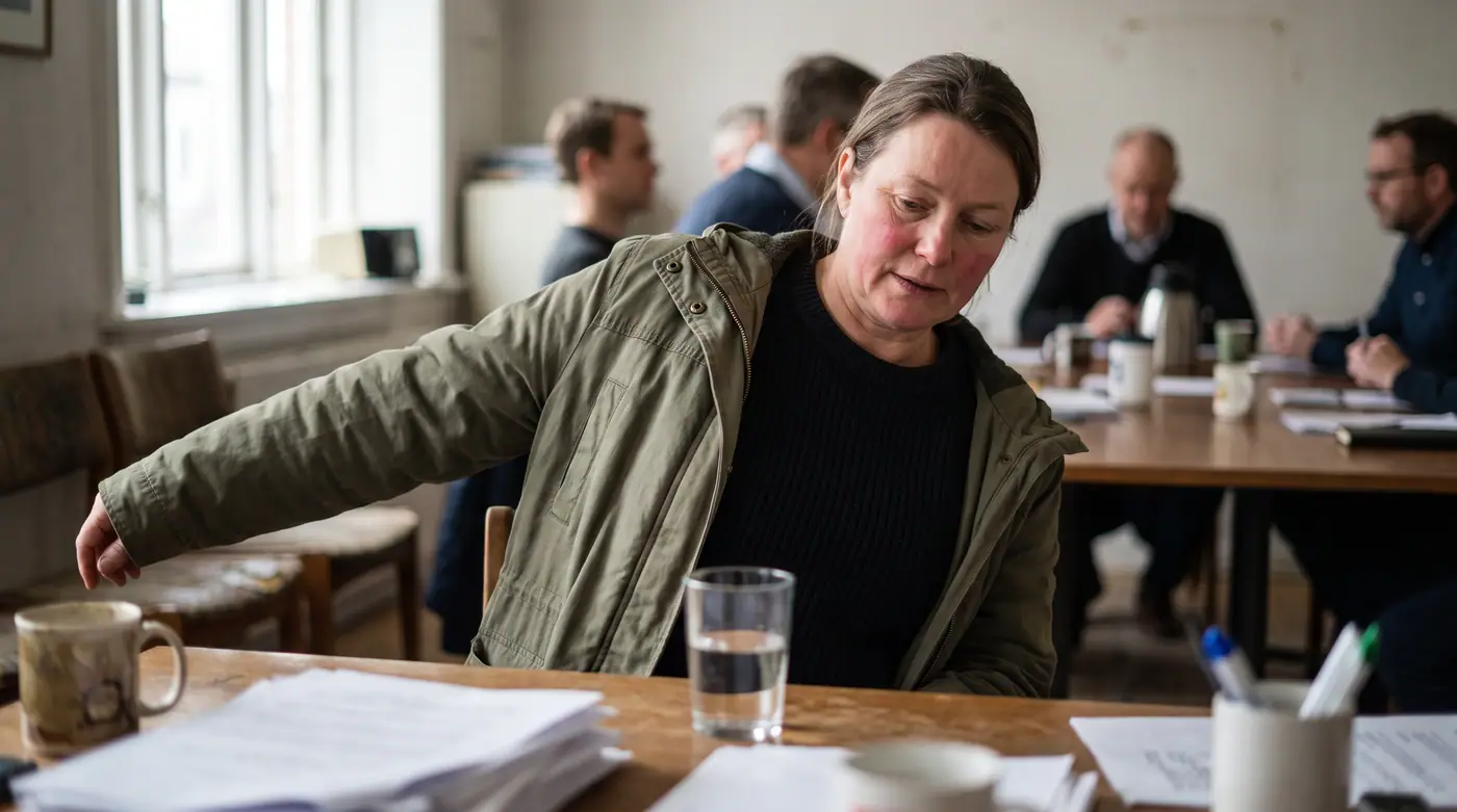 Mature woman in her early fifties discreetly taking off her jacket during a corporate meeting