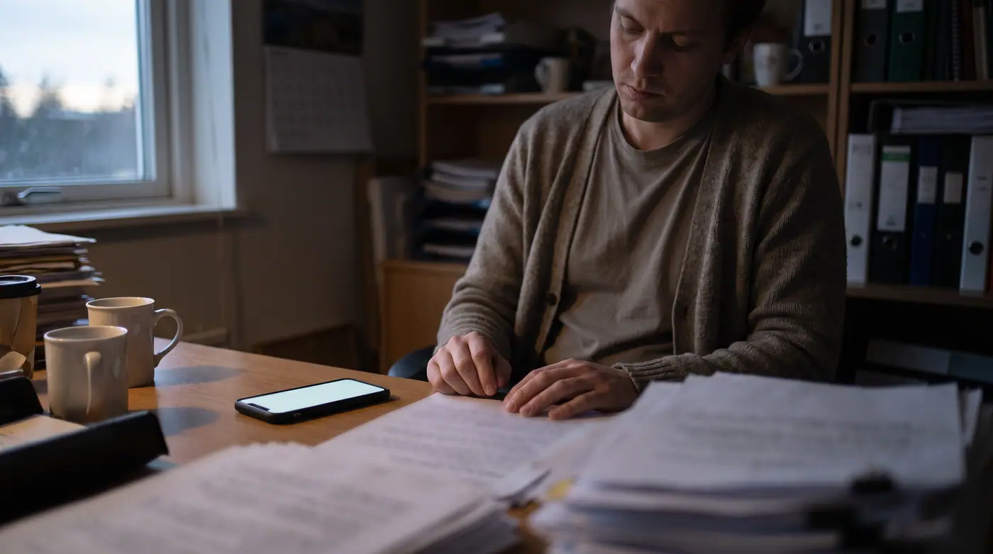 Employee alone at a cluttered desk with papers and a phone, illuminated by soft natural light