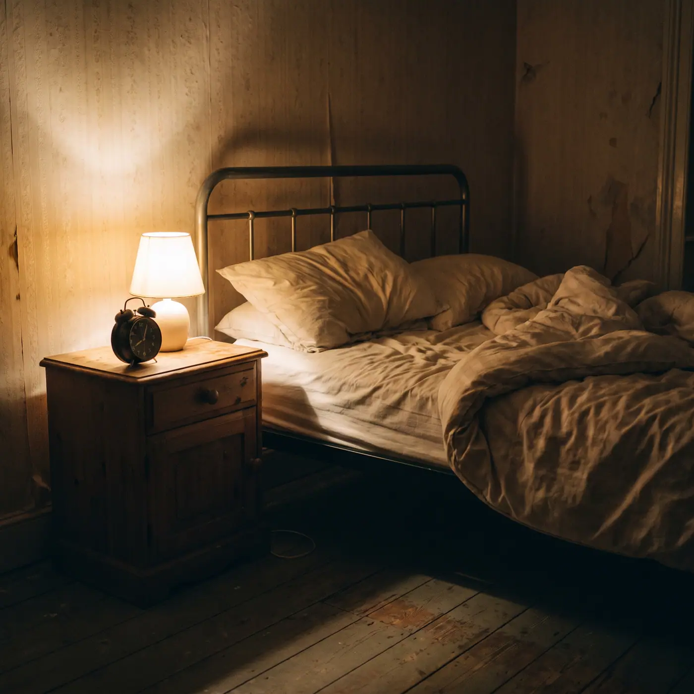 Messy unmade bed illuminated by a warm bedside lamp in a dark, empty bedroom at night