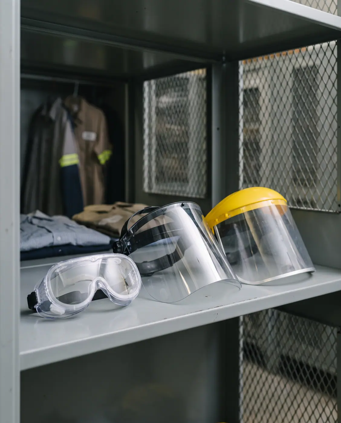 Eye protection goggles face shield visor locker shelf workplace