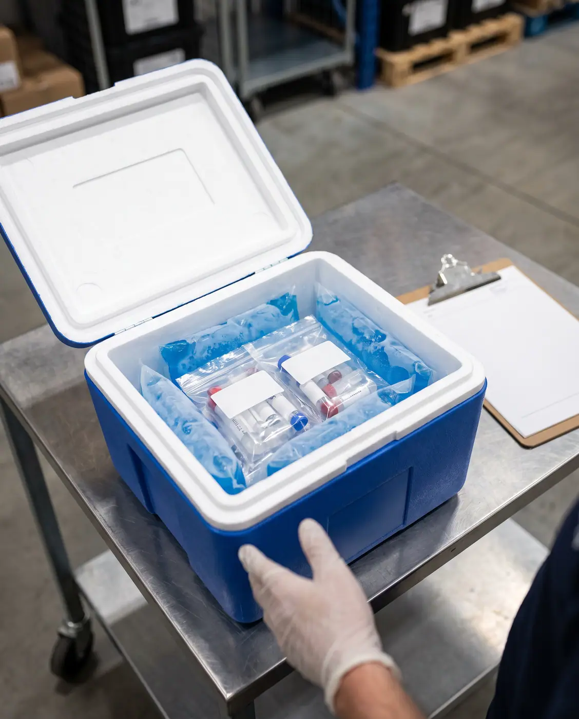 Clinical specimen transport box gel packs bagged samples cold chain