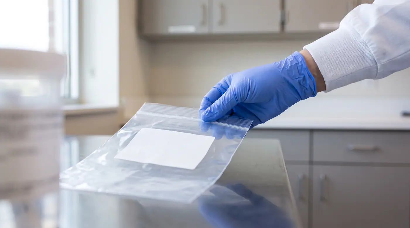 Gloved hand sealing clinical specimen transport bag secure