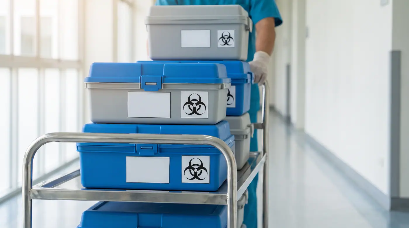 Medical specimen transport trolley sealed carrier boxes