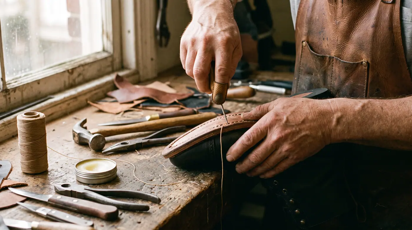 Cobbler's hands meticulously stitching a leather boot welt with an awl and waxed thread in a
