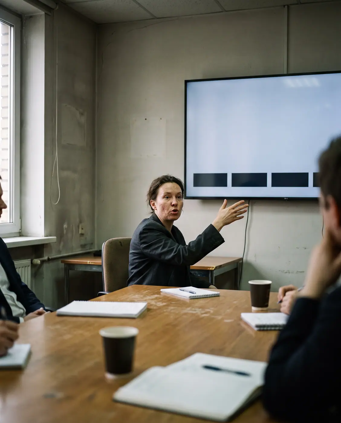 Professional speaking in a modern office meeting room with a screen displaying real-time blank