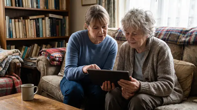 Home caregiver and senior adult sitting on a sofa, quietly looking at a tablet in a