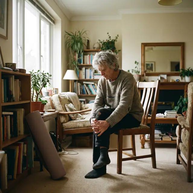 Elderly person performing a gentle seated stretch on a dining chair in a sunlit living room