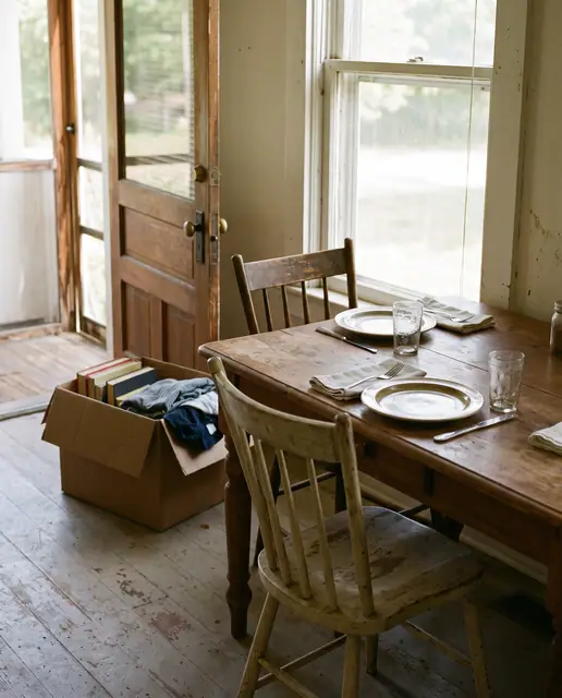 Quiet dining room scene with a table set for two and an empty chair, a moving box by the door