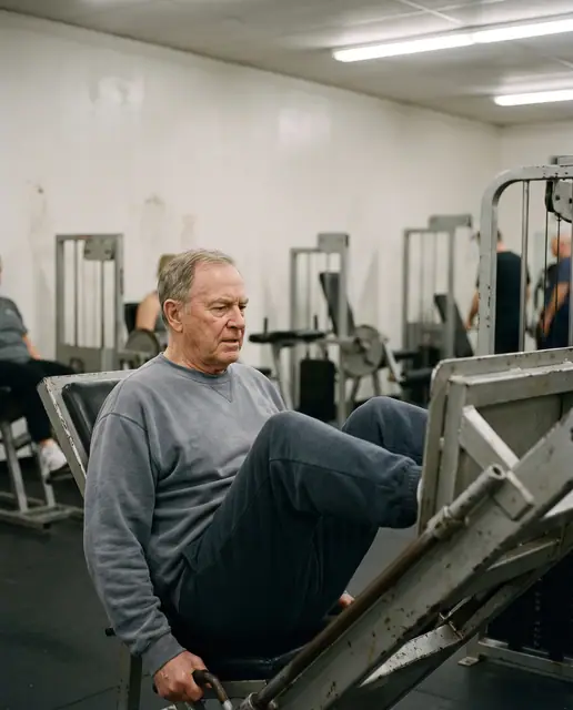 Dedicated senior man exercising his legs on a leg press machine in a well-lit, everyday