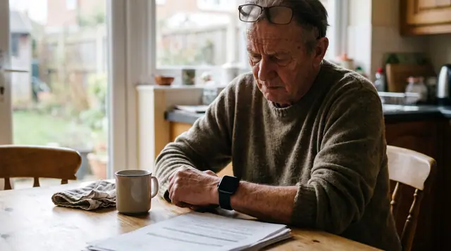 Senior adult checking a smartwatch on their wrist at a kitchen table, reading glasses pushed