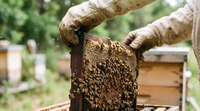 Close-up of a beekeeper's gloved hands carefully lifting a wooden frame filled with capped