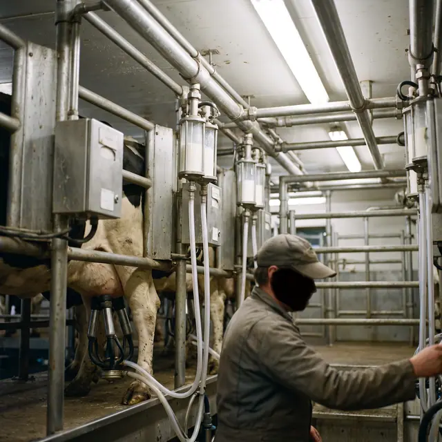 Modern milking cluster attached to a dairy cow in a bright rotary parlor, featuring stainless