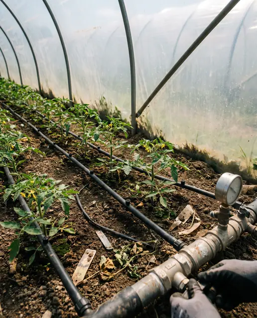 Drip irrigation lines providing water to young tomato plants growing in neat rows inside a