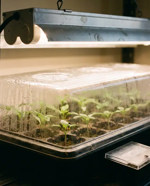 Vibrant green true-leaf seedlings growing in a propagation tray under full-spectrum grow