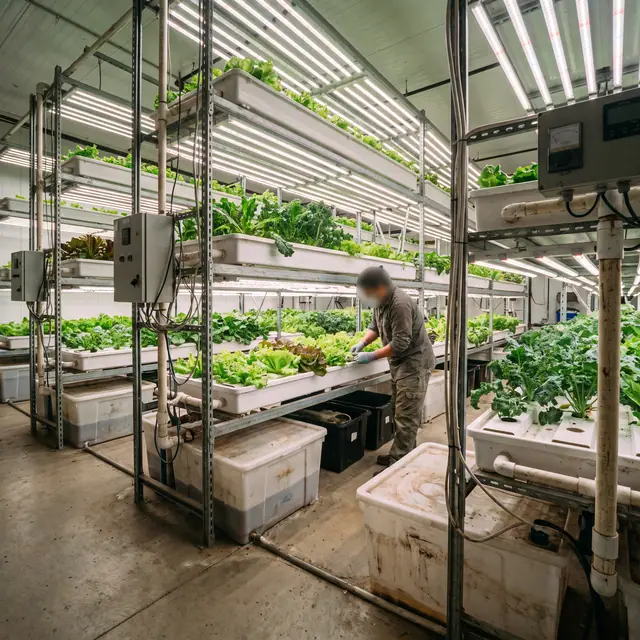 Modern vertical farm showcasing stacked hydroponic racks filled with fresh leafy greens under