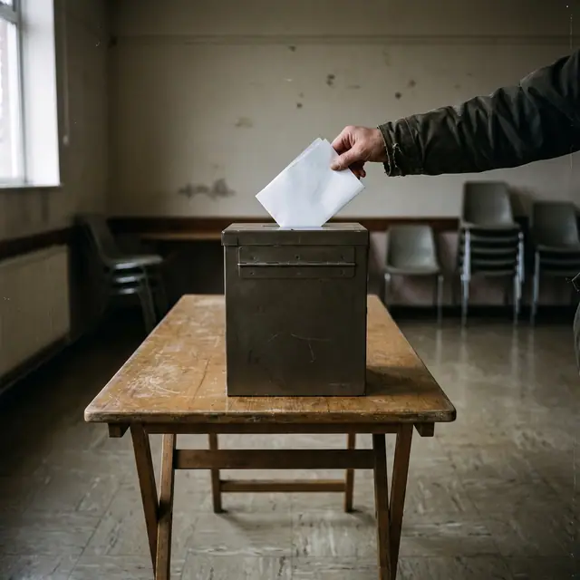 Anonymous hand casts a blank folded paper ballot into a plain unmarked box on a folding table