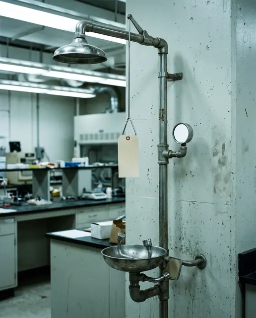 Emergency eyewash and safety shower station mounted on a laboratory wall with an inspection