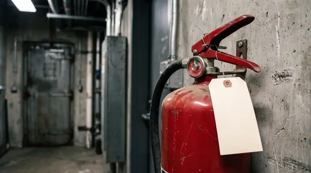 Red fire extinguisher securely mounted on a wall in an industrial building corridor, featuring