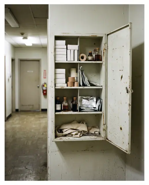 Open wall mounted first aid cabinet office hallway