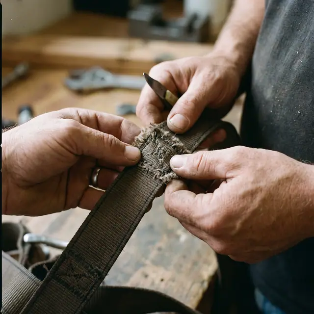 Authentic close-up of hands meticulously inspecting the critical stitching on a robust