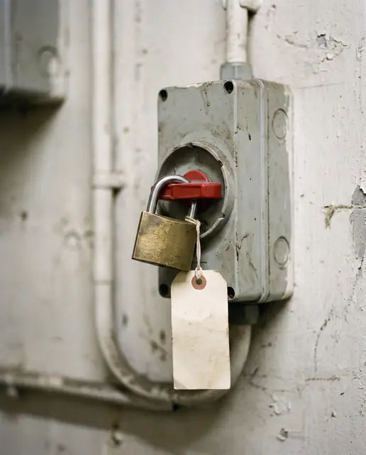 Lockout padlock on electrical safety switch with blank tag