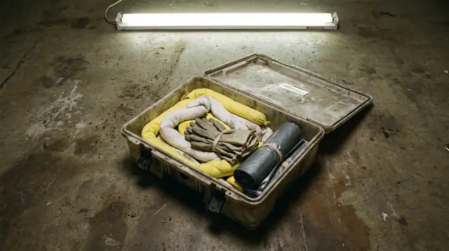 An open chemical spill response kit displayed on a concrete floor, featuring absorbent socks