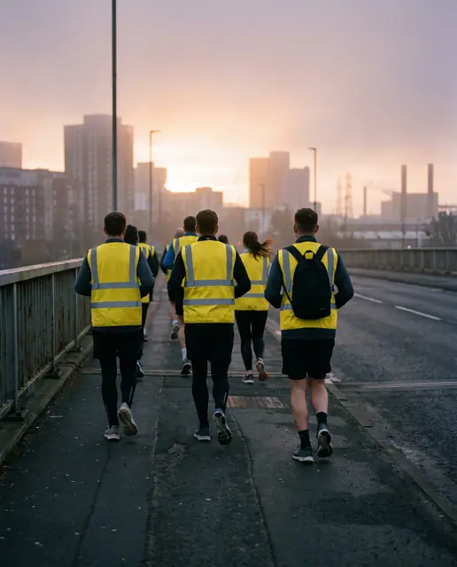 Runners running city bridge dawn sunrise skyline group fitness