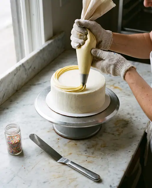 Piping bag rosette frosted layer cake turntable spatula sprinkles