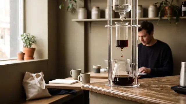 Glass cold brew drip coffee tower cafe counter morning light