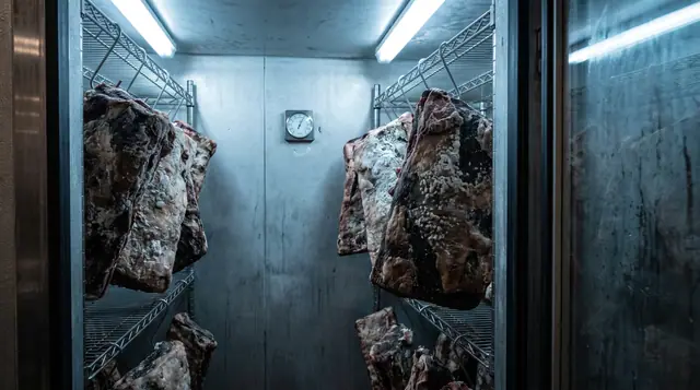 Dry-aged beef primal cuts hanging in aging locker, white mould