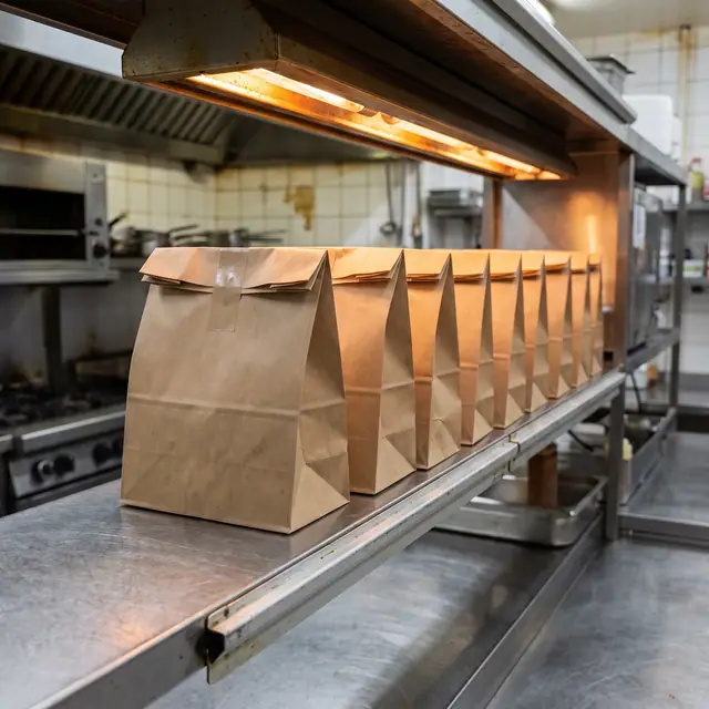 Takeout food delivery bags blank labels heat lamp commercial kitchen