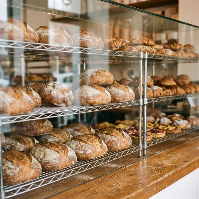 Gluten-free pastries loaves bakery display case wire racks blank