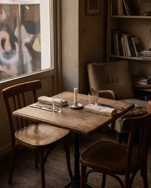 Restaurant table set for two, QR code card, cutlery, warm evening