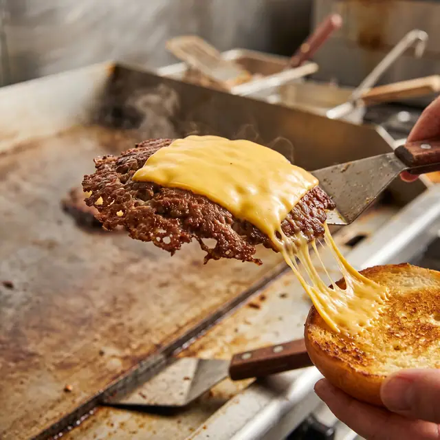 Smash burger cheese pull patty bun lacy edges warm light