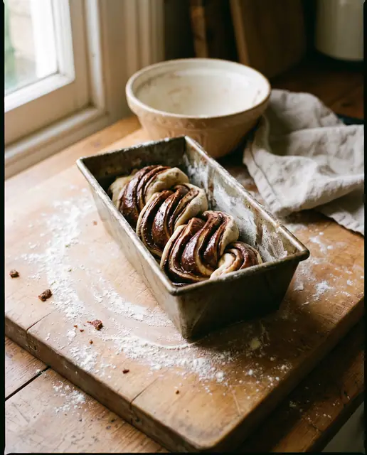 Chocolate babka dough twisted loaf tin before baking, glossy swirl