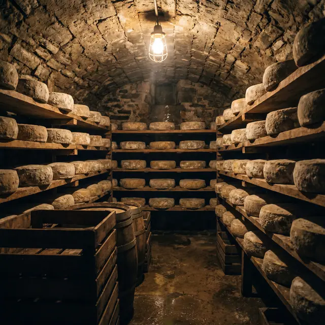 Ageing cheese wheels, wooden shelves, stone cave, warm lamp, shadows