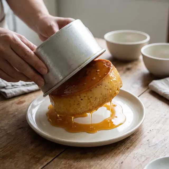 Caramel flan dessert turning out white plate amber sauce pooling