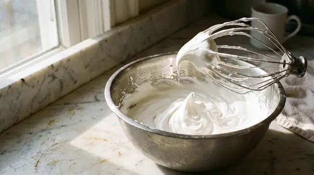Glossy swiss meringue buttercream stiff peaks whisk mixing bowl