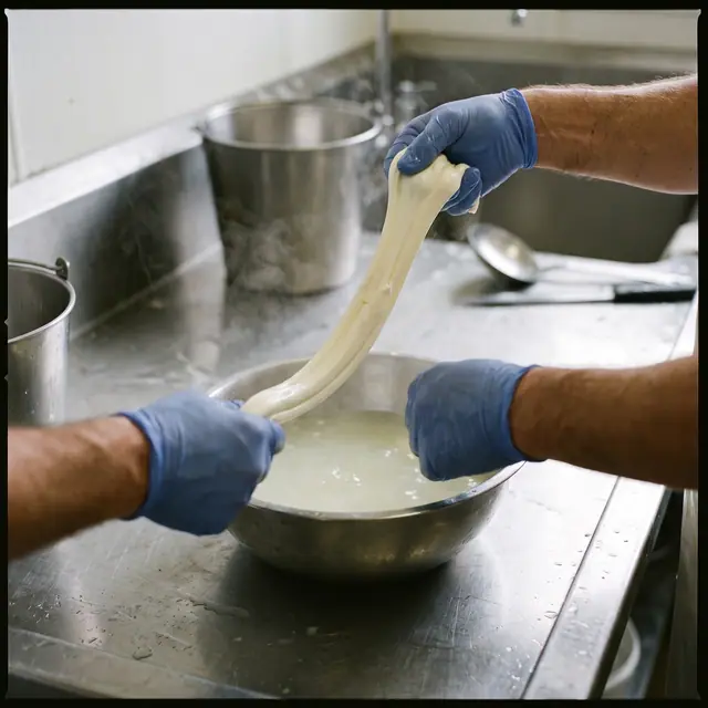 Hands stretching fresh mozzarella curd hot whey steam dairy bench