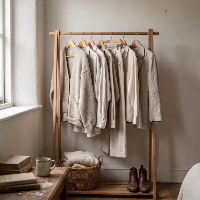 Clothing rail neutral capsule wardrobe oatmeal stone cream
