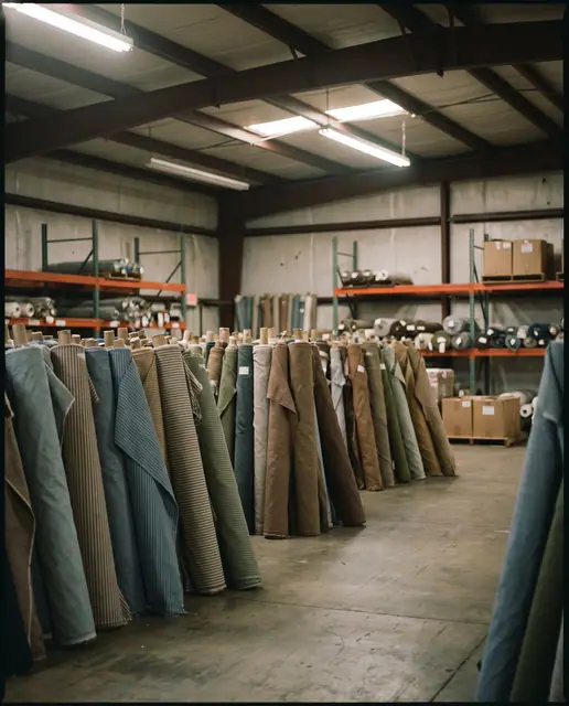 Fabric rolls textile warehouse industrial shelving layered colors