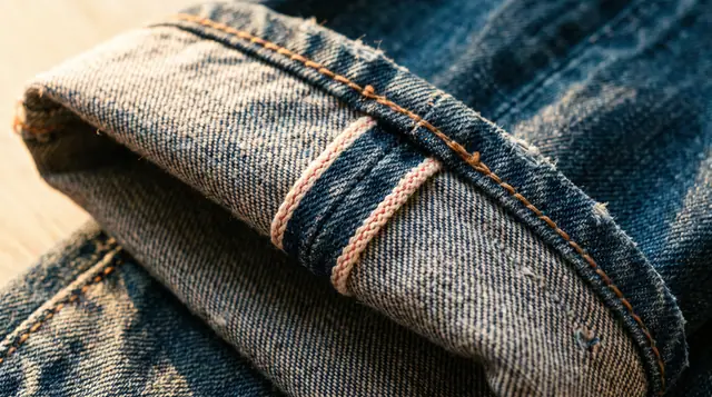 Selvedge denim hem macro, indigo twill texture, contrast stitching